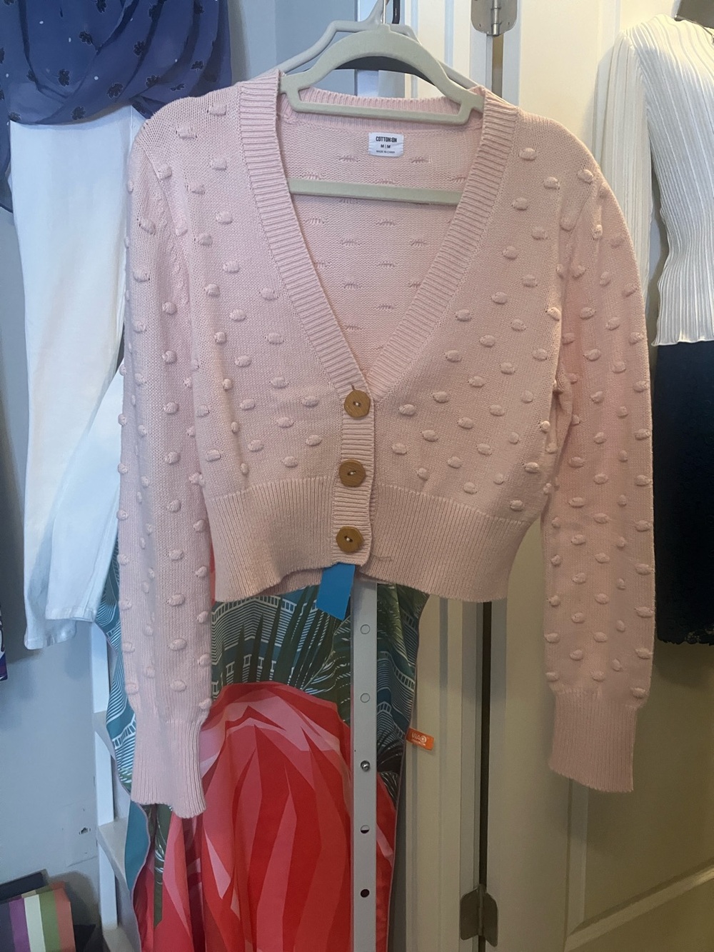 Cotton On Light Pink Cropped Bobble-Knit Cardigan